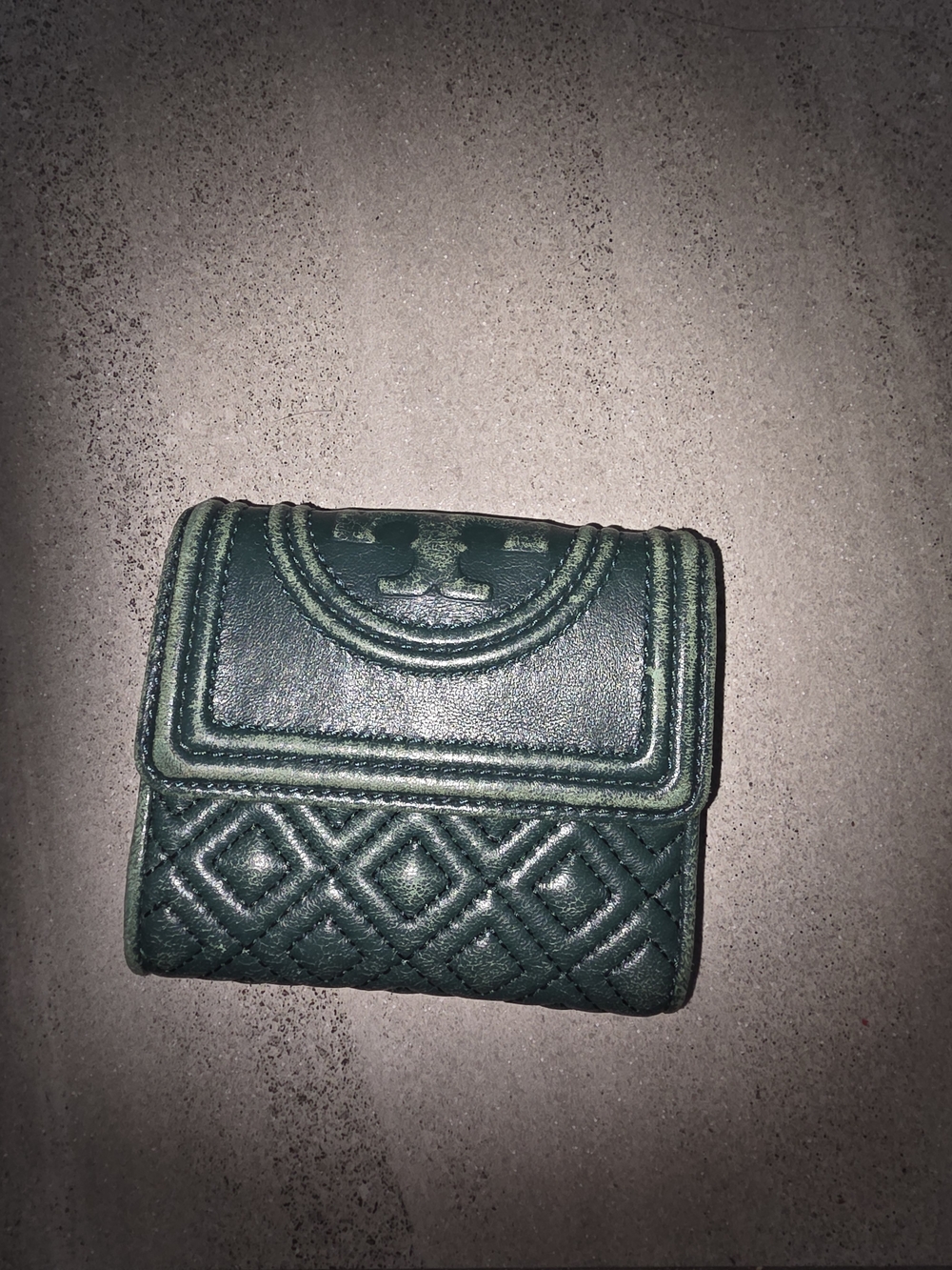 Tory Burch Dark Green Quilted Leather Mini Wallet